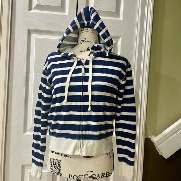 J.CREW HOODIE CROPPED 100% COTTON NAVY/IVORY SZ XS NAUTICAL SAILOR CORE - Picture 11 of 11